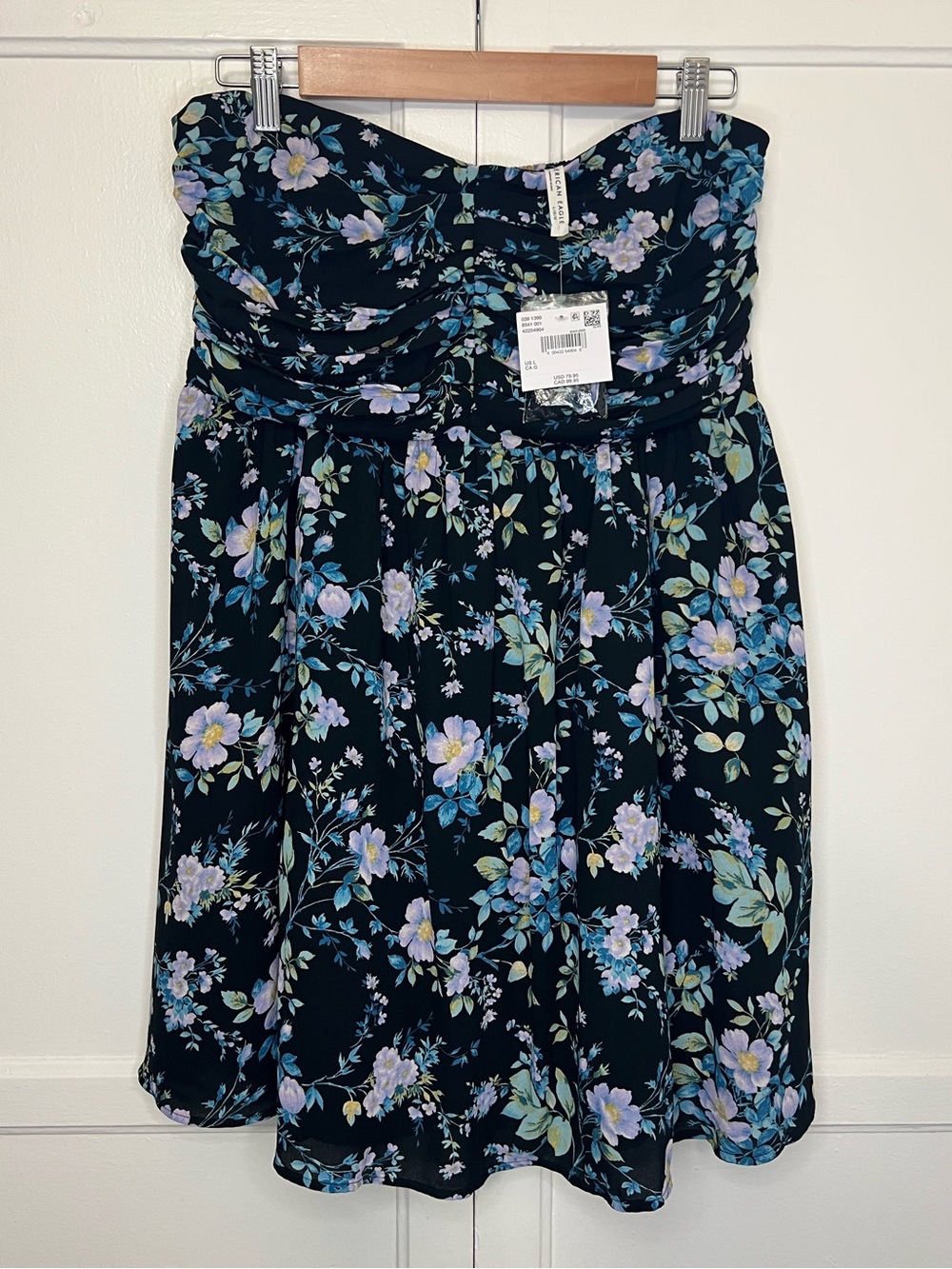 American Eagle AE Pleated Strapless Mini Dress - Black Floral | L - NWT